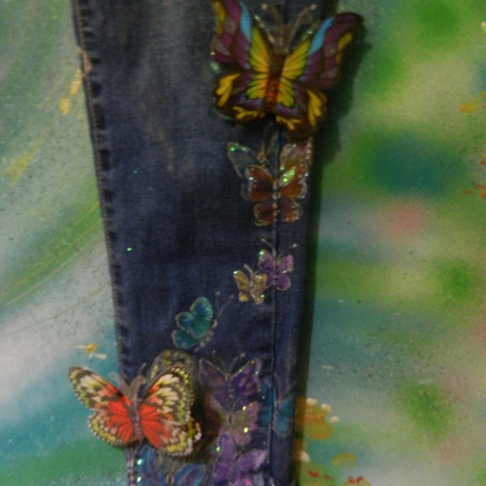OOAK Metamorphosis butterfly statement jeans hand painted artisan denim SMALL - Picture 13 of 16